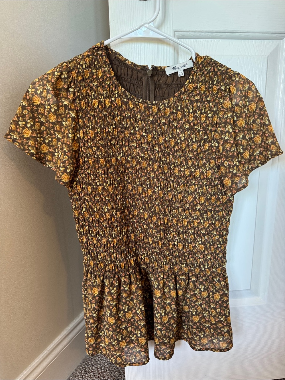 Madewell Brown Floral Smocked Peplum Blouse